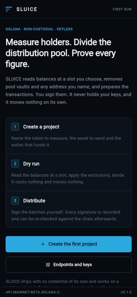 SLUICE first-run screen on a phone